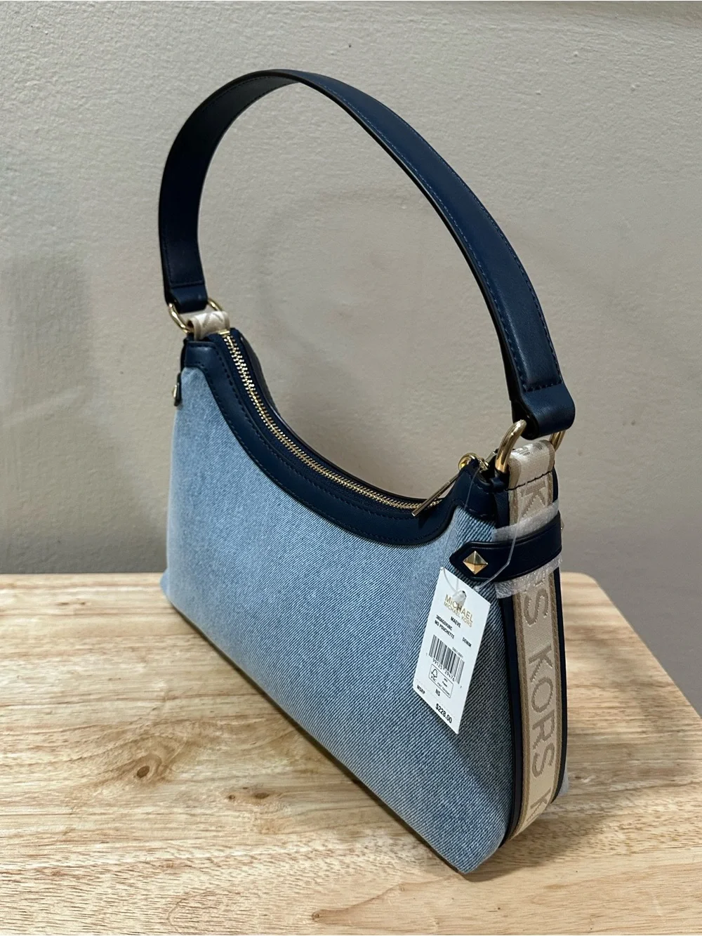 Michael Kors Light Blue Denim Shoulder Hobo Bag with Navy Leather Trim